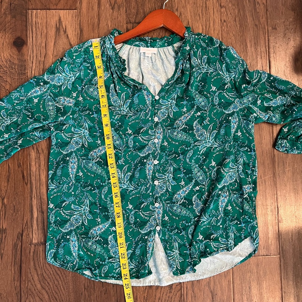 J. Jill Green Teal Paisley Button Front Boho Peasant Blouse Top Size Small - Picture 8 of 9